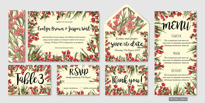 set of wedding invitation templates with leaves and wax flowers and place for text. Save the date, thank you, rsvp, love