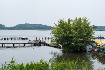 沼の桟橋と釣り船