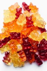 Colorful gummy bears, fruit gum candies, on white background