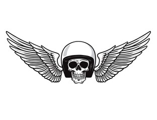Skull Helmet Wings. Vintage Motorcycle Monochrome Design for T-shirt Graphics. Biker and Motorcycle Emblem. Vector 