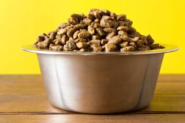 Bowl with dog food on a wooden table