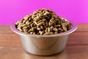 Bowl with dog food on a wooden table