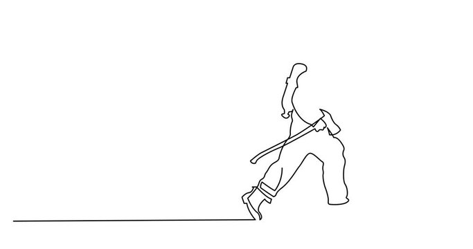Self drawing animation of continuous line drawing of running firefighter