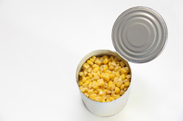 Close up of a corn can in a white background