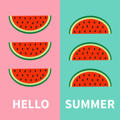 Watermelon fruit icon set. Red slice with seeds in a row. Hello summer. Cut half. Healthy food. Flat lay design. Pastel bright color. Top air view. Pink Green background. Isolated.