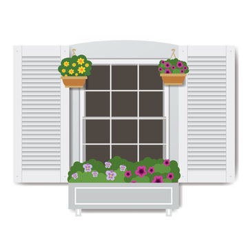 Window with flowers in pots,isolated on white background