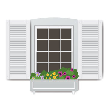 Window with flowers in pots,isolated on white background