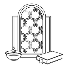 window of temple and book with candle vector illustration design