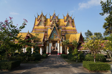 Naklejka premium View of Thai Temple Wat Wang Wiwekaram at Sangkhlaburi district, Kanchanaburi province, Thailand