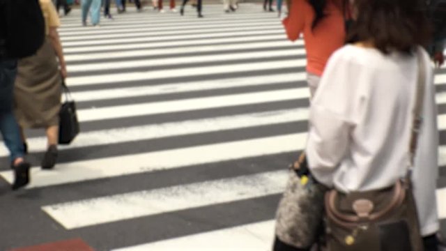 SHINJUKU,  TOKYO,  JAPAN - CIRCA MAY 2018 : Commuters and tourists at zebra crossing in front of SHINJUKU train station south gate side.  In blurred image.