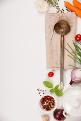 Colorful food ingredients on white background