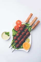 Indian Mutton Seekh Kabab served with green salad, selective focus
