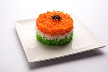 Tricolor Tiranga Rice for indian Republic and Independence day, served in a ceramic plate, selective focus