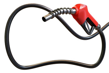 3d rendering of a red gasoline dispenser handles with hose decorated to frame for copy space, isolated on white background with clipping paths. - obrazy, fototapety, plakaty