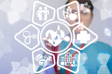 Woman doctor touched heart with pulse icon surrounded by specific icons. Modern Hospital. Medical concept. Healthcare.