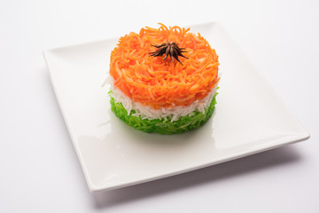 Tricolor Tiranga Rice for indian Republic and Independence day, served in a ceramic plate, selective focus