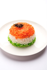 Tricolor Tiranga Rice for indian Republic and Independence day, served in a ceramic plate, selective focus