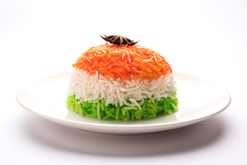 Tricolor Tiranga Rice for indian Republic and Independence day, served in a ceramic plate, selective focus