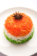 Tricolor Tiranga Rice for indian Republic and Independence day, served in a ceramic plate, selective focus