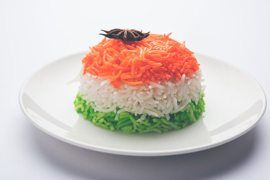 Tricolor Tiranga Rice for indian Republic and Independence day, served in a ceramic plate, selective focus