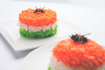 Tricolor Tiranga Rice for indian Republic and Independence day, served in a ceramic plate, selective focus
