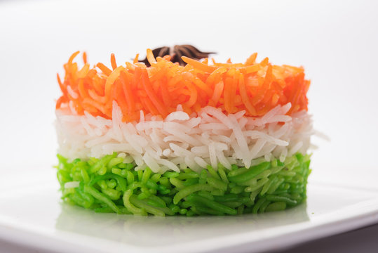 Tricolor Tiranga Rice for indian Republic and Independence day, served in a ceramic plate, selective focus