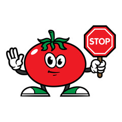 Cartoon Tomato Character Holding Stop Sign