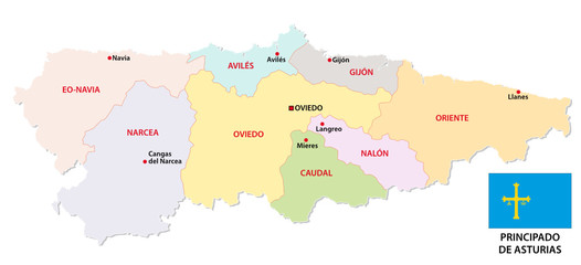 Fototapeta na wymiar asturias administrative and political vector map with flag