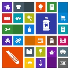 Modern, simple, colorful vector icon set with package, new, cinema, beer, supermarket, home, liquid, bedroom, technology, box, bar, alcohol, white, bed, delivery, pub, key, cutter, grocery, soap icons