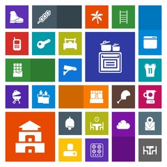 Modern, simple, colorful vector icon set with store, cooking, key, surveillance, table, game, call, market, telephone, ring, chocolate, bell, modern, asia, culture, sweet, dessert, sport, home icons