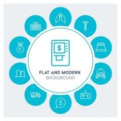 industry, health, hotel, money Infographic Circle outline Icons Set. Contains such Icons as  business,  website,  elements,  background,  pattern,  banner, atm and more. Fully Editable. Pixel Perfect