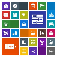 Modern, simple, colorful vector icon set with car, school, food, cardboard, box, building, drawer, energy, screen, footwear, house, object, weight, blow, real, battery, care, power, dryer, pack icons