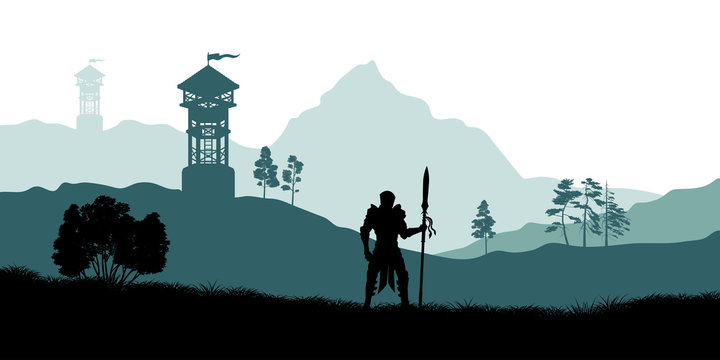 Black silhouette of knight on background of archers tower. Fantasy landscape. Medieval panorama. Scene with battle watchtower. Vector illustration