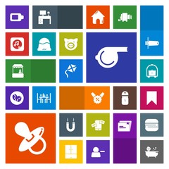 Modern, simple, colorful vector icon set with room, mobile, magnetic, whistle, infant, cap, supermarket, sound, chat, animal, swine, sign, phone, pacifier, referee, battery, communication, bath icons