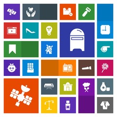 Modern, simple, colorful vector icon set with mail, object, sport, conditioning, station, lollipop, referee, satellite, media, online, estate, electricity, textbook, planet, web, bookmark, orbit icons
