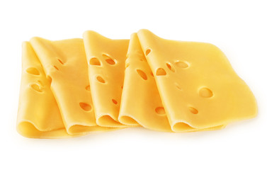 Cheese slices isolated on white background.