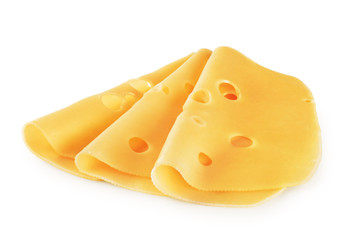 Cheese slices isolated on white background.