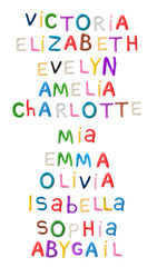 Handmade modeling clay girls names. Realistic 3d vector lettering isolated on white background. Creative colorful design. Children cartoon style. Victoria, Elisabeth, Evelyn, Amelia, Charlotte, Mia