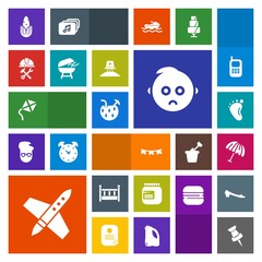 Fototapeta premium Modern, simple, colorful vector icon set with baby, food, vegetable, home, cradle, kite, foreman, juice, construction, space, rocket, foot, parasol, child, sign, spaceship, jam, drink, flag, jar icons