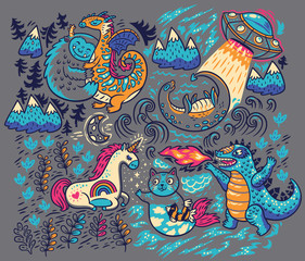 Vector print with fantastic creatures