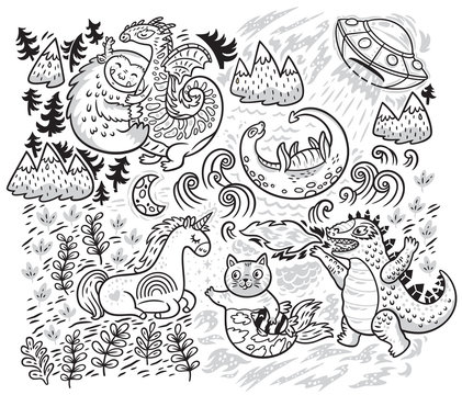 Fantastic creatures, animals set in outline. Vector illustration