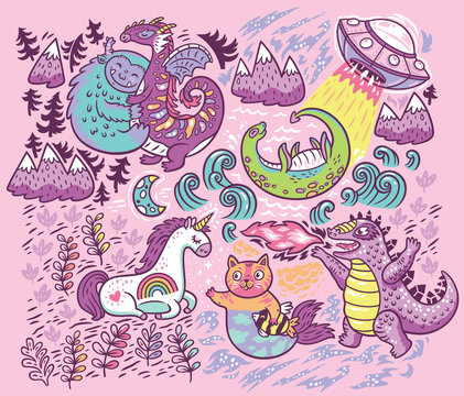 Vector print with fantastic creatures isolated on pink background