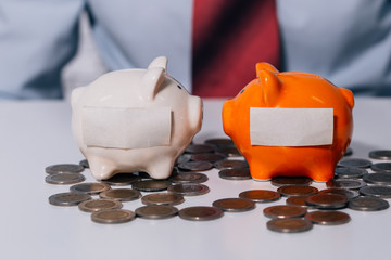 Money piggy bank with empty copy space label ready to insert any text or word and coins.