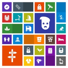 Modern, simple, colorful vector icon set with eraser, play, direction, fashion, ocean, outfit, furniture, bed, soft, coat, computer, kid, white, bedroom, microscope, ship, way, towel, erase, bag icons