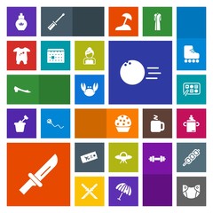 Modern, simple, colorful vector icon set with spaceship, care, ticket, sport, bowling, cake, fun, bottle, chinese, newborn, doughnut, knife, food, aroma, dinner, flight, baby, nutrition, clothes icons