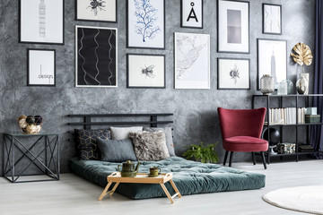 Gallery in colorful bedroom interior