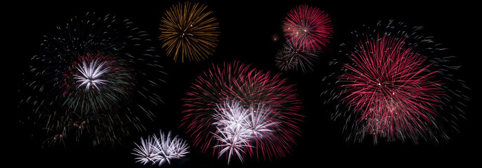 Fototapeta premium Set of fireworks explosions isolated on black