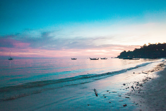 Pink blue sunset sea beach