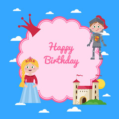 Happy birthday kids postcard with beautiful princess, knight in armor and castle. Fairytale medieval greeting card, holiday congratulation template, children event celebration vector illustration.