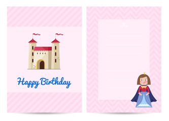 Happy birthday kids postcard with beautiful princess in crown and castle on pink background. Fairytale medieval greeting card, holiday congratulation, children event celebration vector illustration.